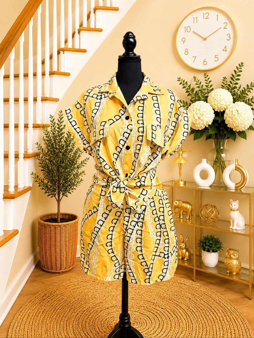 Yellow Geometric Button-Up Short Set - Picture 2 of 4